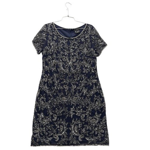 PISARRO NIGHTS Navy Beaded Mesh Cocktail Dress Size 14 NWT Flaw D-2309 0014 - Picture 3 of 12